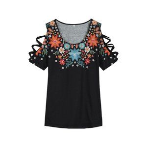 🆕 Capatee Plus-Size Floral Print Caged Short Sleeve Black Top  XXL Style#649665